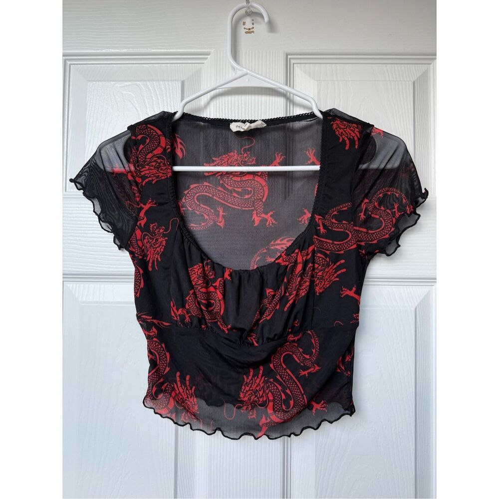 Bear Dance Crop Shear Blouse Small Women's Black Red Dragon Chinese Holiday
